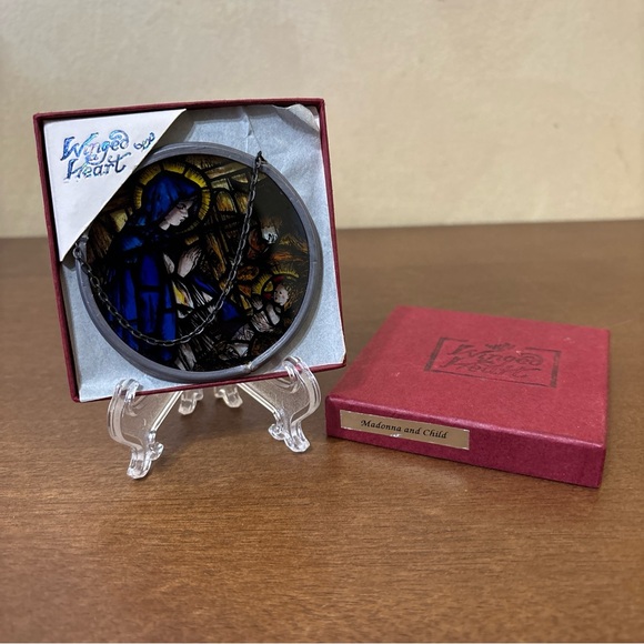 Madonna and Child Stained Glass Miniature Ornament 2.5" with Box Winged Heart - Picture 1 of 7